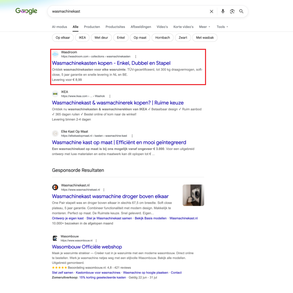 How a Dutch Company Outranked IKEA on Google Using the AI-Driven Platform NOVA 1 wasdroom outranking ikea in google by ranking #1 for "wasmachinekasten"