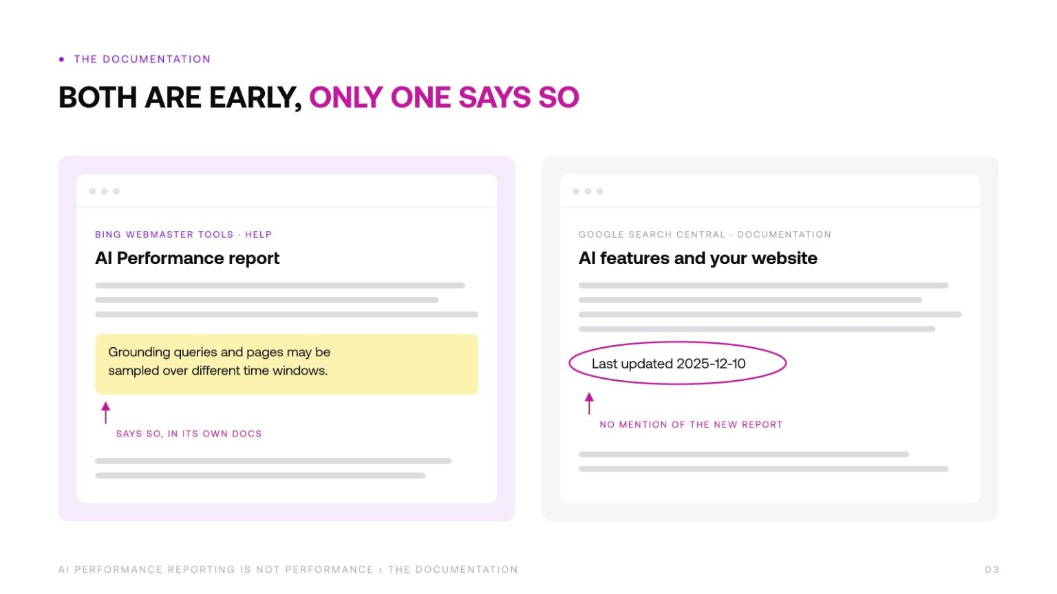 Two documentation pages: the Bing help page with its sampling disclaimer highlighted, the Google page stamped last updated 2025-12-10