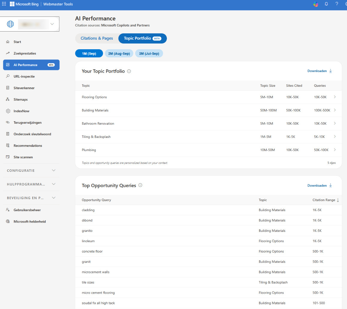 Bing’s Topic Portfolio: a great map, yet Béta modus 5 Topic Portfolio for a Dutch client site: Flooring Options, Building Materials, Bathroom Renovation, Tiling & Backsplash and Plumbing
